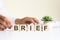 Businesswoman hand holding wooden cube block with BRIEF business word on table background. Mission, Vision and core