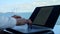 Businesswoman hands work laptop ocean view closeup. Director preparing invoice