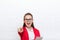 Businesswoman happy excited laughing point finger at you wear red jacket glasses smile