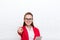 Businesswoman happy point finger at you wear red jacket glasses smile