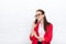 Businesswoman happy smile cell phone call wear red jacket glasses talking on mobile