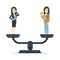 Businesswoman and happy woman kid on scales. Work and life balance business vector concept