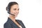 Businesswoman, headset and operator in studio, customer service and crm on white background. Female person, call centre