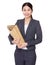 Businesswoman hold with lots of document works