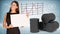 Businesswoman hold paper sheet. Black oil barrels