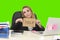 Businesswoman holding help sign working desparate in stress isolated green chroma key