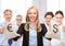 Businesswoman holding money bags with dollars