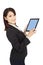 Businesswoman holding touch pad