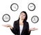 Businesswoman juggling clocks. Time Juggling Act.