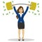 Businesswoman lifts up heavy barbell with dollar sign. Vector illustration for business financial strength concept.