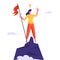 Businesswoman with Light Bulb over Head Climbed to Top of Mountain and Hoisted Flag on Rock Peak. Victory, Success