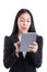 Businesswoman looking confident using digital tablet. Isolated o