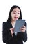 Businesswoman looking confident using digital tablet. Isolated o