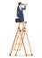 Businesswoman looking in spyglass on ladder