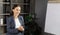 businesswoman manager in suit presents business with whiteboard for team in workplace
