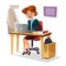 Businesswoman in office illustration of cartoon girl manager confident working on modern laptop at table desk