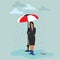 Businesswoman with paper ship under the umbrella during rain, vector illustration