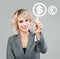 Businesswoman pointing on us dollar currency. Money transfers, exchange and banking concept