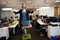 Businesswoman practicing yoga at office