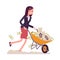 Businesswoman pushing a wheelbarrow full of money