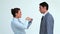 Businesswoman putting adhesive tape on her colleagues mouth