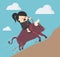 Businesswoman riding a bull, a symbol of successful investment, ascends a steep path