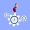 Businesswoman running on clock cogwheels over blue background gear deadline process strategy concept flat