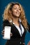 Businesswoman\\\'s bright smile, showcasing technology