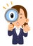 Businesswoman`s upper half body, newcomer, job hunting, student, surprised at looking into the magnifying glass