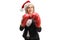 Businesswoman with a Santa hat and boxing gloves in guard position