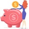 Businesswoman saves money, puts savings in piggy bank. Personal investment, finance funding concept