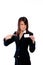 Businesswoman shoving a card pointing it
