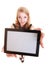 Businesswoman showing copy space on tablet touchpad