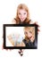 Businesswoman showing ipad tablet touchpad photo euro money