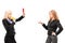 Businesswoman showing a red card to another businesswoman