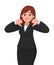 Businesswoman showing thumbs down gesture/sign. Dislike, disapprove, rejection, disagree concept .