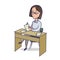 Businesswoman sits by the table writing notes. Woman makes notes at the desk. Cartoon character vector illustration