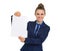 Businesswoman smiling and holding up a blank piece of paper