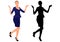 Businesswoman spread hands in different directions and raised leg in joy, success. Black silhouette. Vector illustration