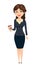 Businesswoman standing with coffee. Cute cartoon character.