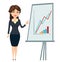 Businesswoman standing near board with graph. Cute cartoon character.