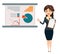 Businesswoman standing near board with infographic. Cute cartoon character.