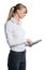 Businesswoman standing reeding holding tablet