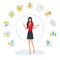 Businesswoman is standing surrounded by office task icons. Business multitasking concept. Project and time management, productivit