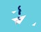 Businesswoman stands on a flying paper plane. Isometric vector style