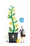 Businesswoman stands near money tree on which coins grow. Female worker grows profit plant. Startup concept. Brainstorming,