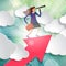 Businesswoman stands on top of arrow with telescope and briefcase among white paper clouds on beautiful spring green sunny rays