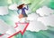 Businesswoman stands on top of arrow with telescope and briefcase among white paper clouds on beautiful spring green sunny rays