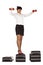 Businesswoman stands up with dumbbells