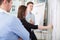 Businesswoman Sticking Notes While Standing By Male Colleagues